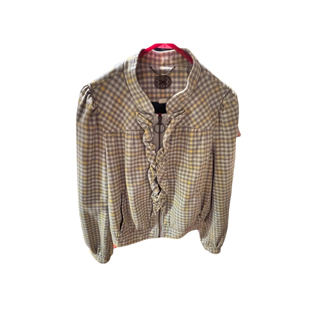 Yellow plaid ruffled zip front jacket